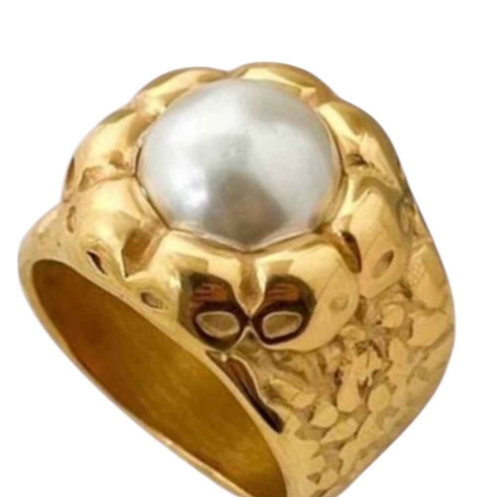 Bold Flower Pearl Bead Ring Gold Tone Stainless Steel Statement Jewelry Size 6